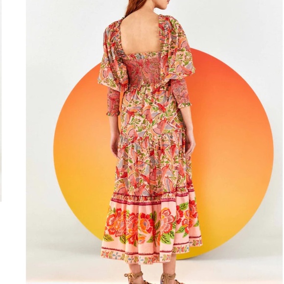Farm Rio Anthropologie Pink Macaw Flight Smocked Midi Dress - Picture 2 of 13